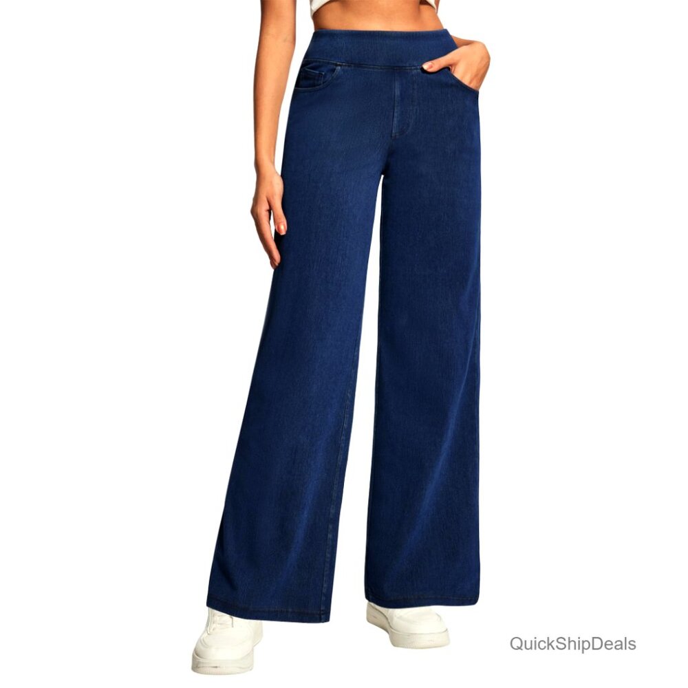Wide Leg Pull On Jeans High Waist Stretchy Denim Pants Women's